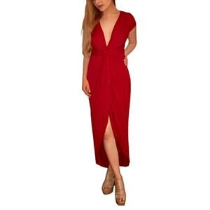Sabora Crimson Red Sexy Deep-V Twist Front Cap Sleeve Bodycon Maxi Dress Medium